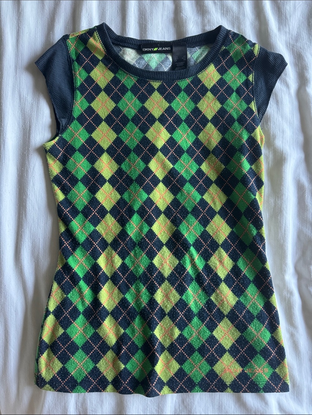 Vintage DKNY JEANS Green & Navy Argyle Cap-Sleeve Top size XS